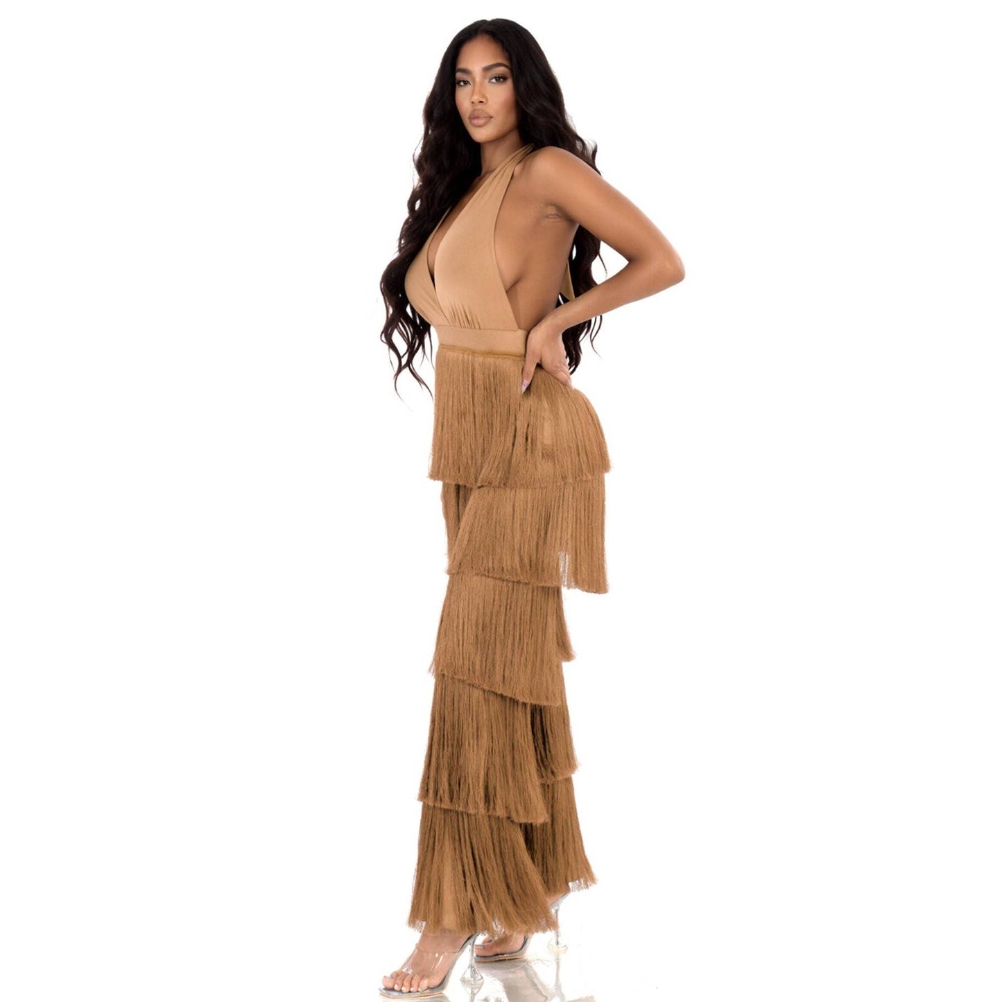 Open Back Halter Neck Fringe Jumpsuit