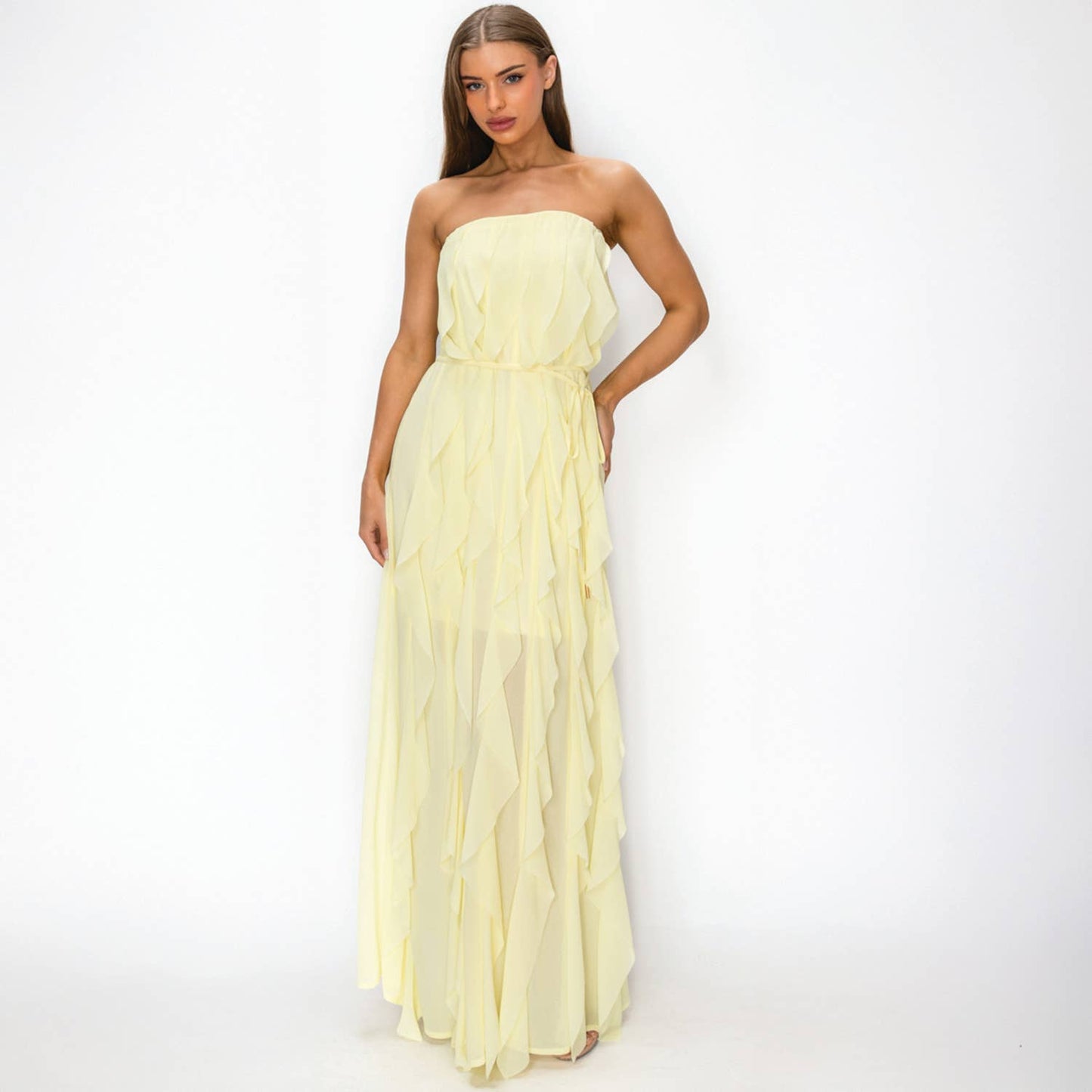 Strapless Ruffle Chiffon Maxi Dress