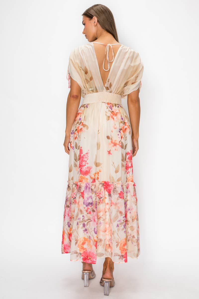 Floral Chiffon Surplice Maxi Dress with Smocked Waist