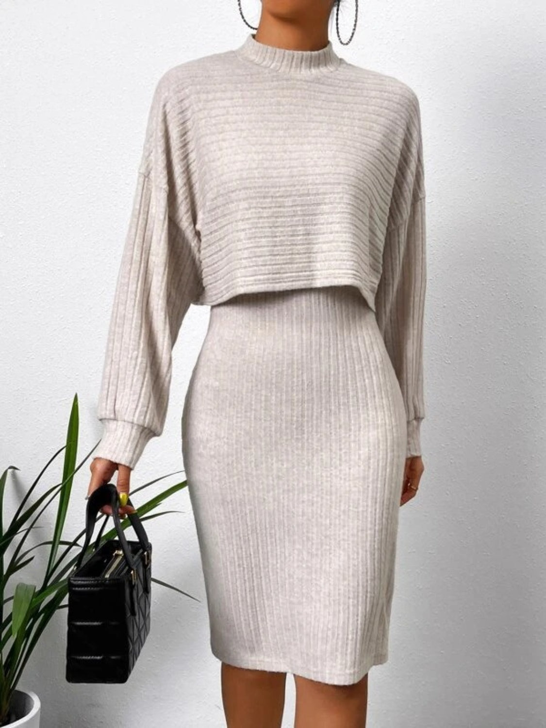 Mock Neck Long Sleeve and Wide Strap Dress Set