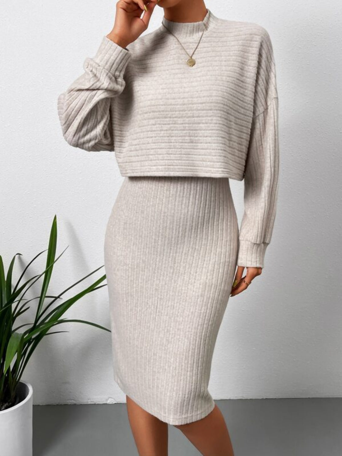 Mock Neck Long Sleeve and Wide Strap Dress Set