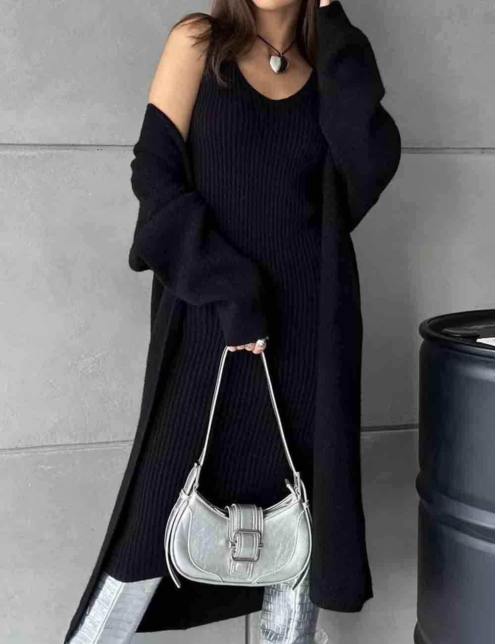 Ladies Solid Color Knit Midi Dress & Cardigan 2PCS Set