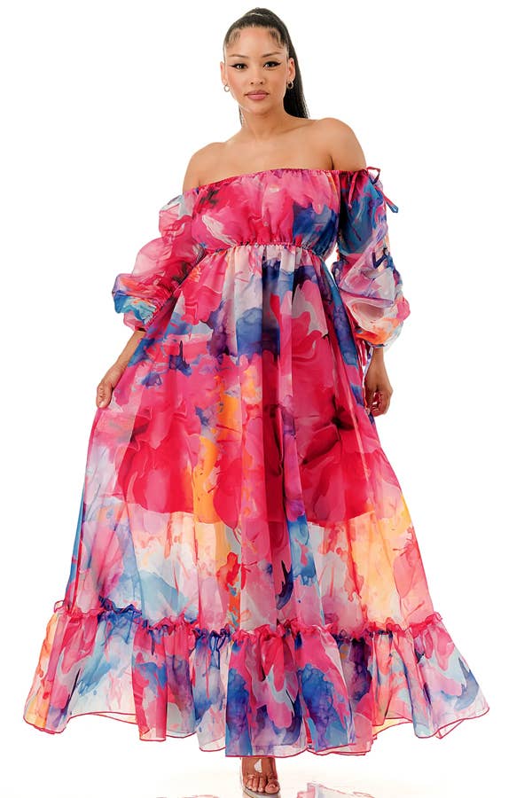 Off Shoulder Balloon Drawstring  Maxi Dress