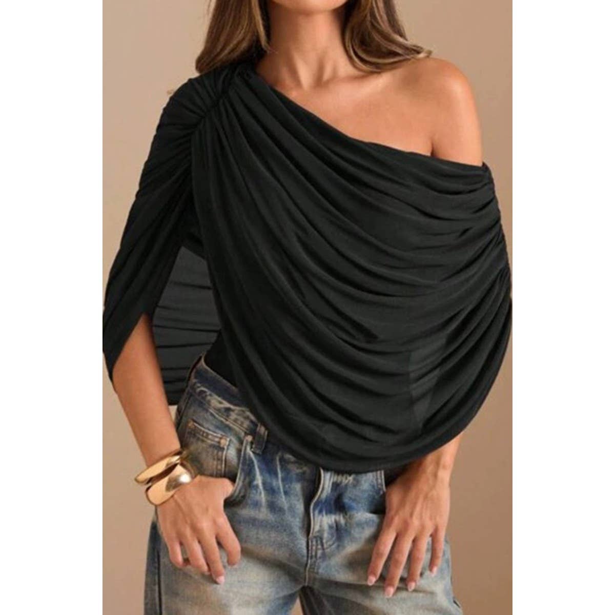 Drapled Off Shoulder Ruched Detail Bodysuit