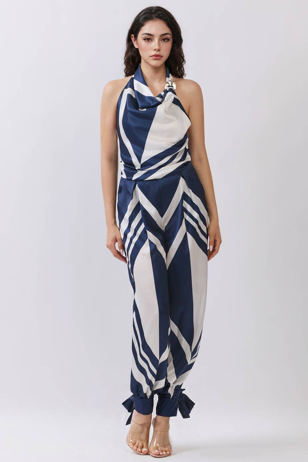 Satin Halter Neck Top & Wide-Leg Pants Set