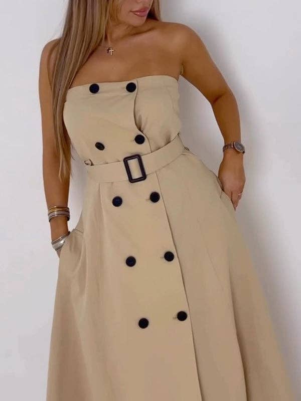 A-Line Loose Belted Buttoned Tube Maxi Dresses
