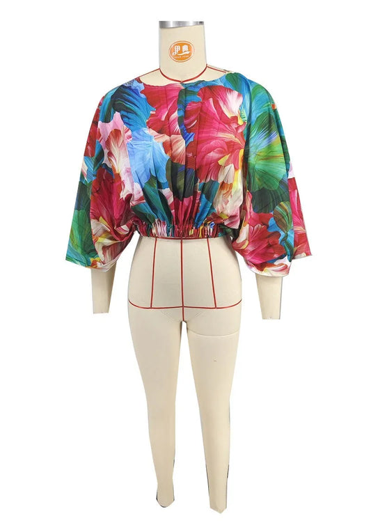 KEXU Women Floral Printed Batwing Long Sleeve OL Shirt Top 2024 Fashion Fall Winter Blouses Tops