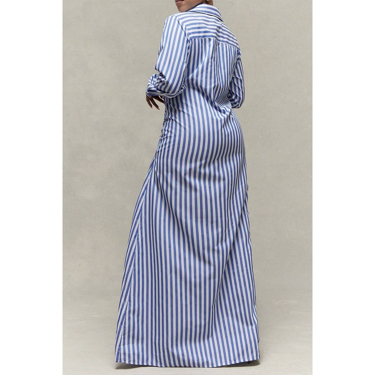 Pinstripe Woven Shirt Tie Waist Maxi Dress