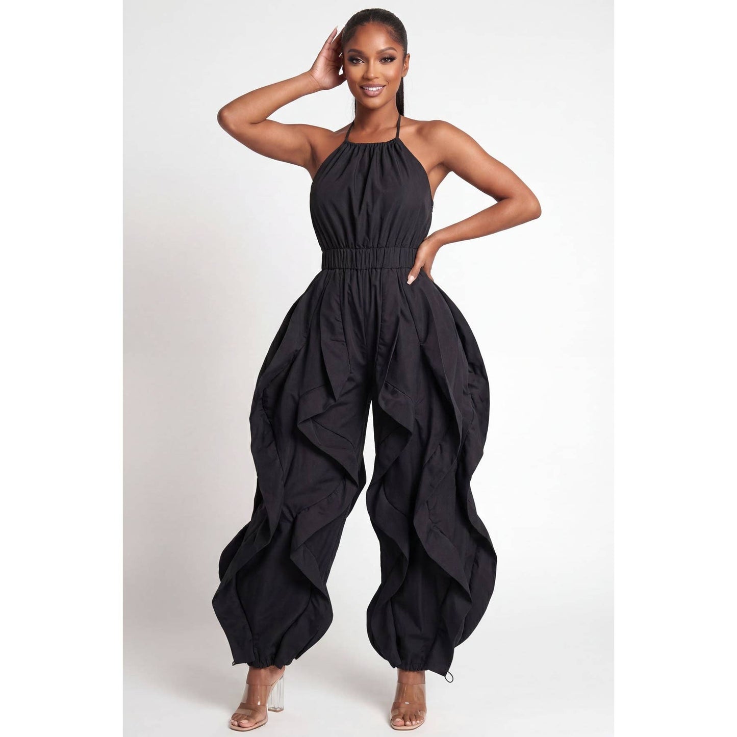 Halter Neck Open Elastic Back Wide Ruffle Leg Jogger Jumpsui