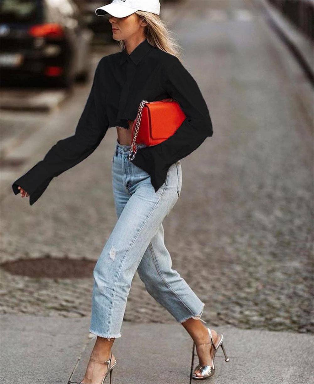 Lapel Pocket Botton Down Crop Shirt