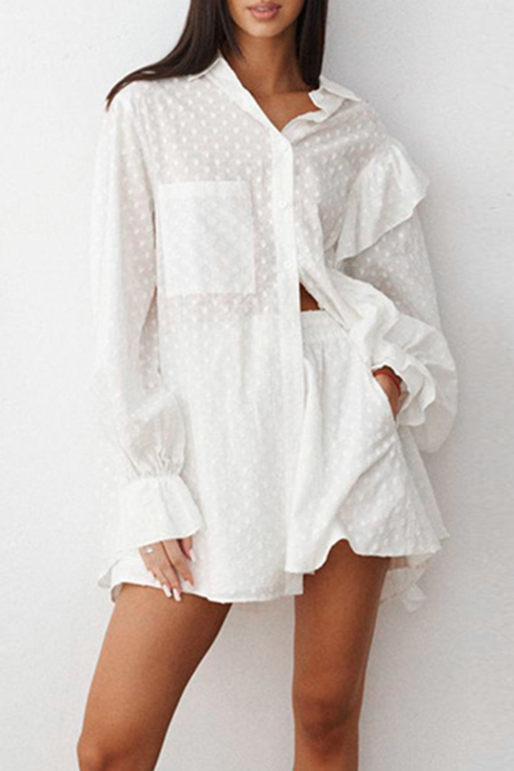 Ruffled Dot Applique Collared Neck Set