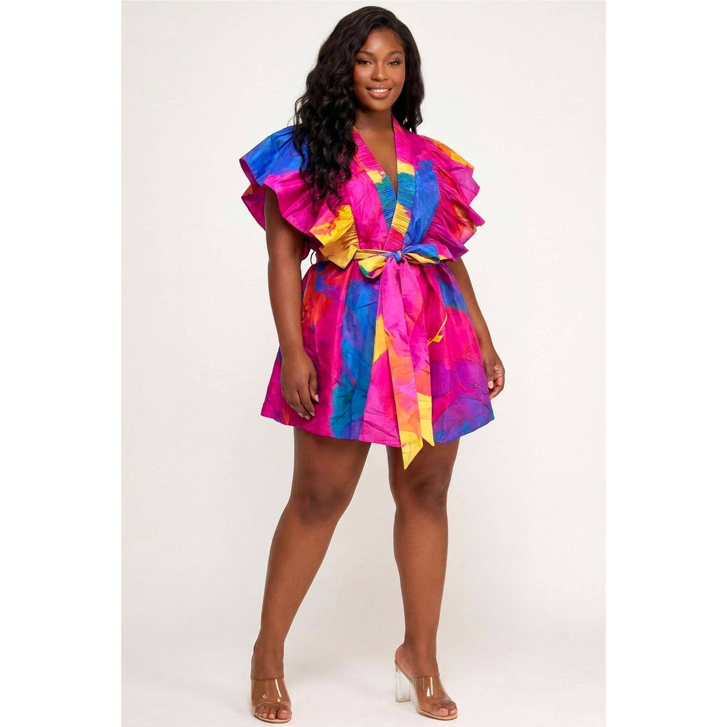 Deep V-Neck Ruffle Sleeve Waist Tie Wrap Mini Dress