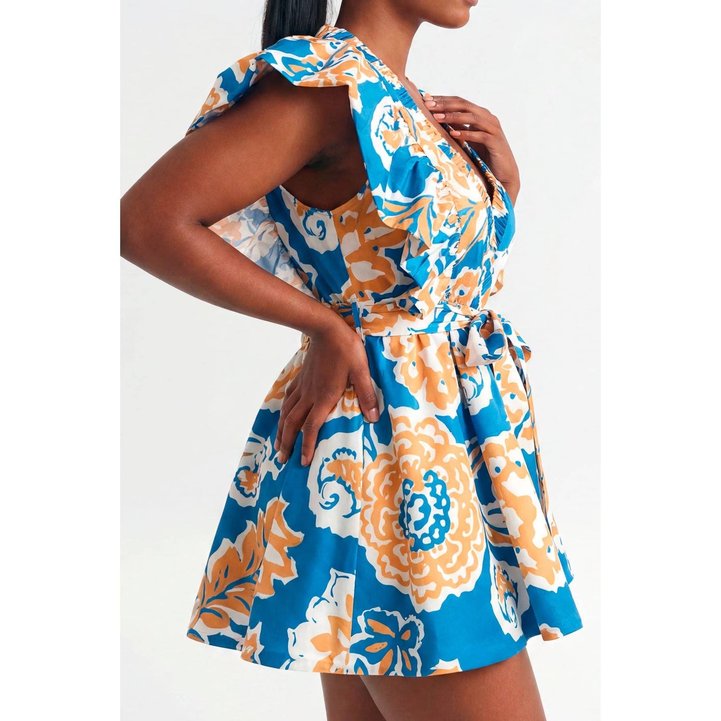 Deep V-Neck Ruffle Sleeve Waist Tie Wrap Mini Dress