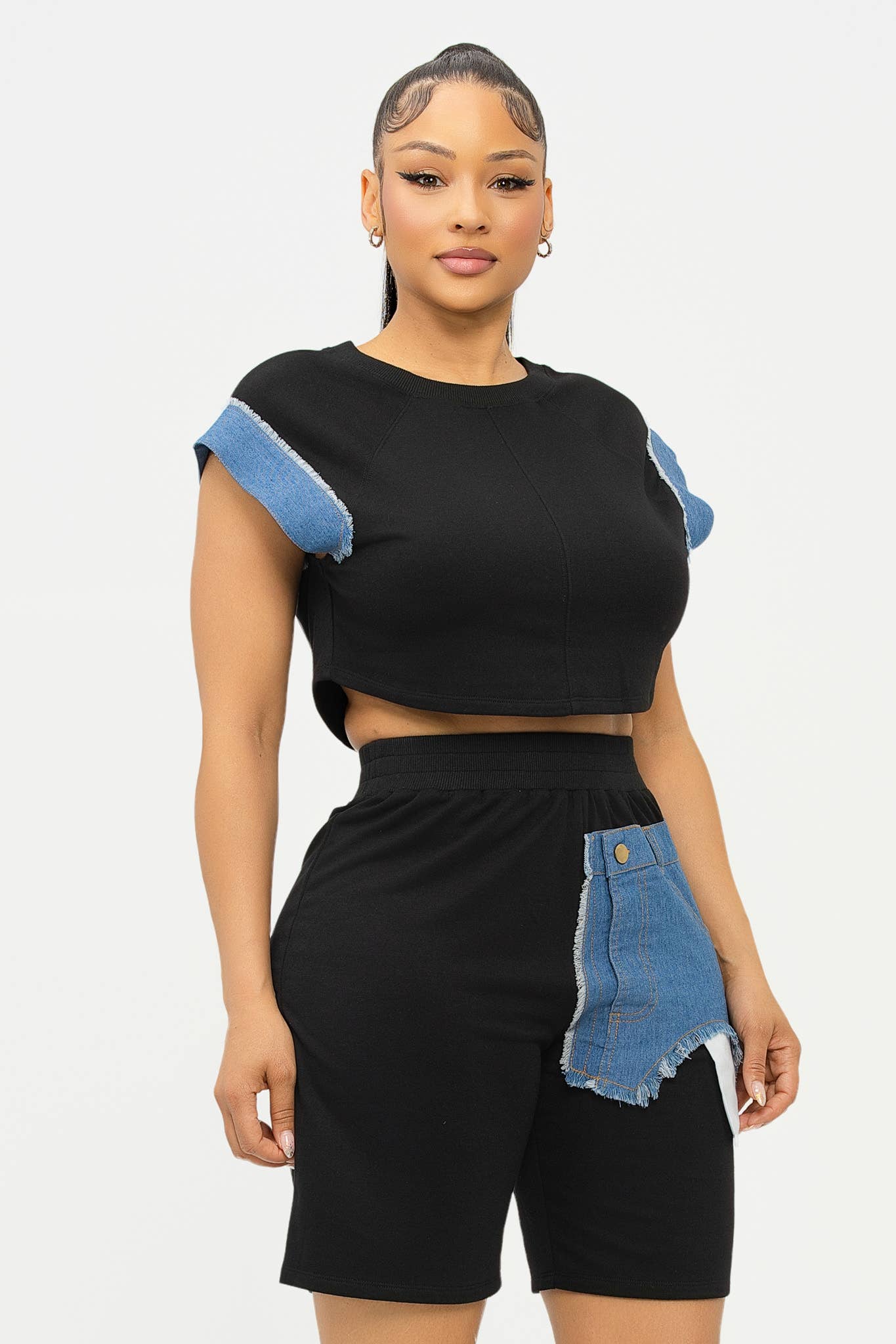 Color Block Denim Sleeve Top And Biker Shorts Set