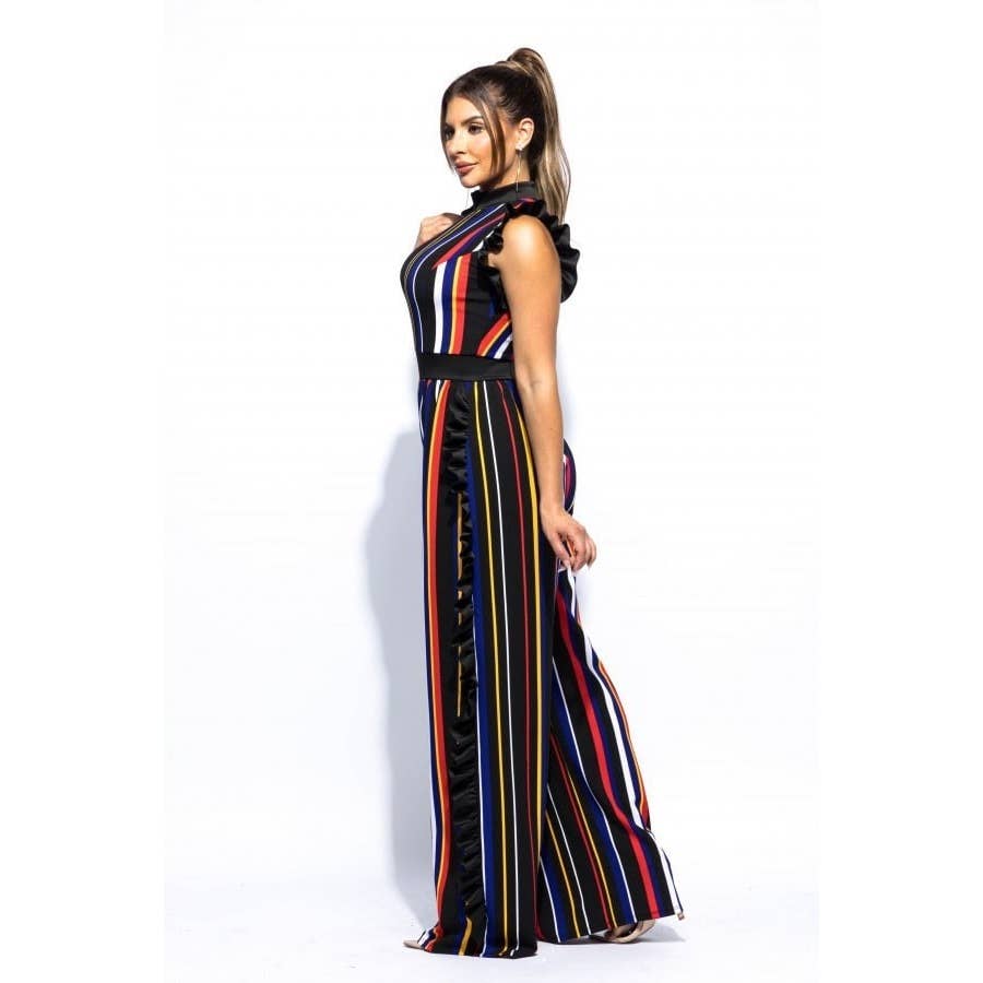 Plus Color Striped Jumpsuit with ruffle