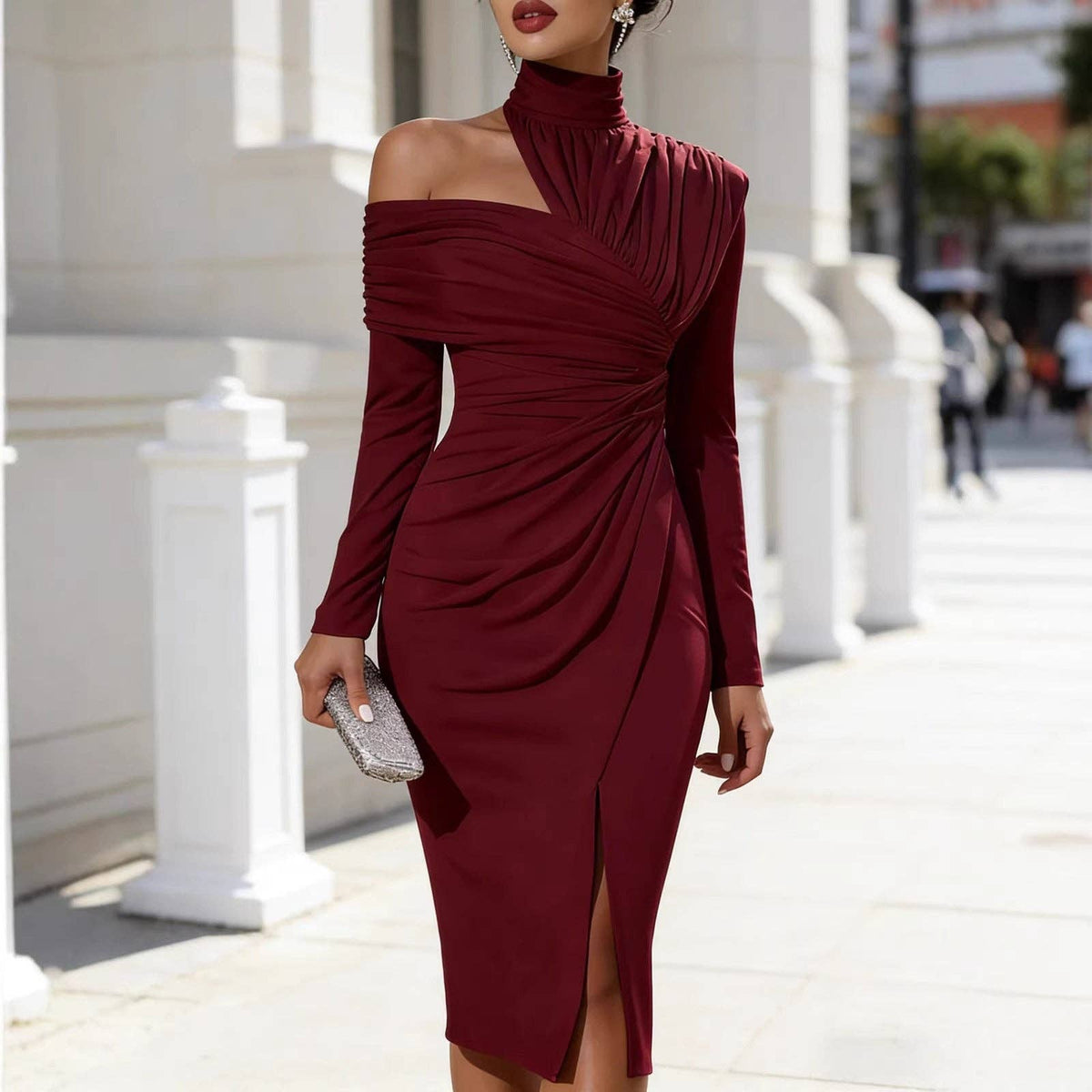 Ruched Off Shoulder Mock Neck Slit Midi Dress