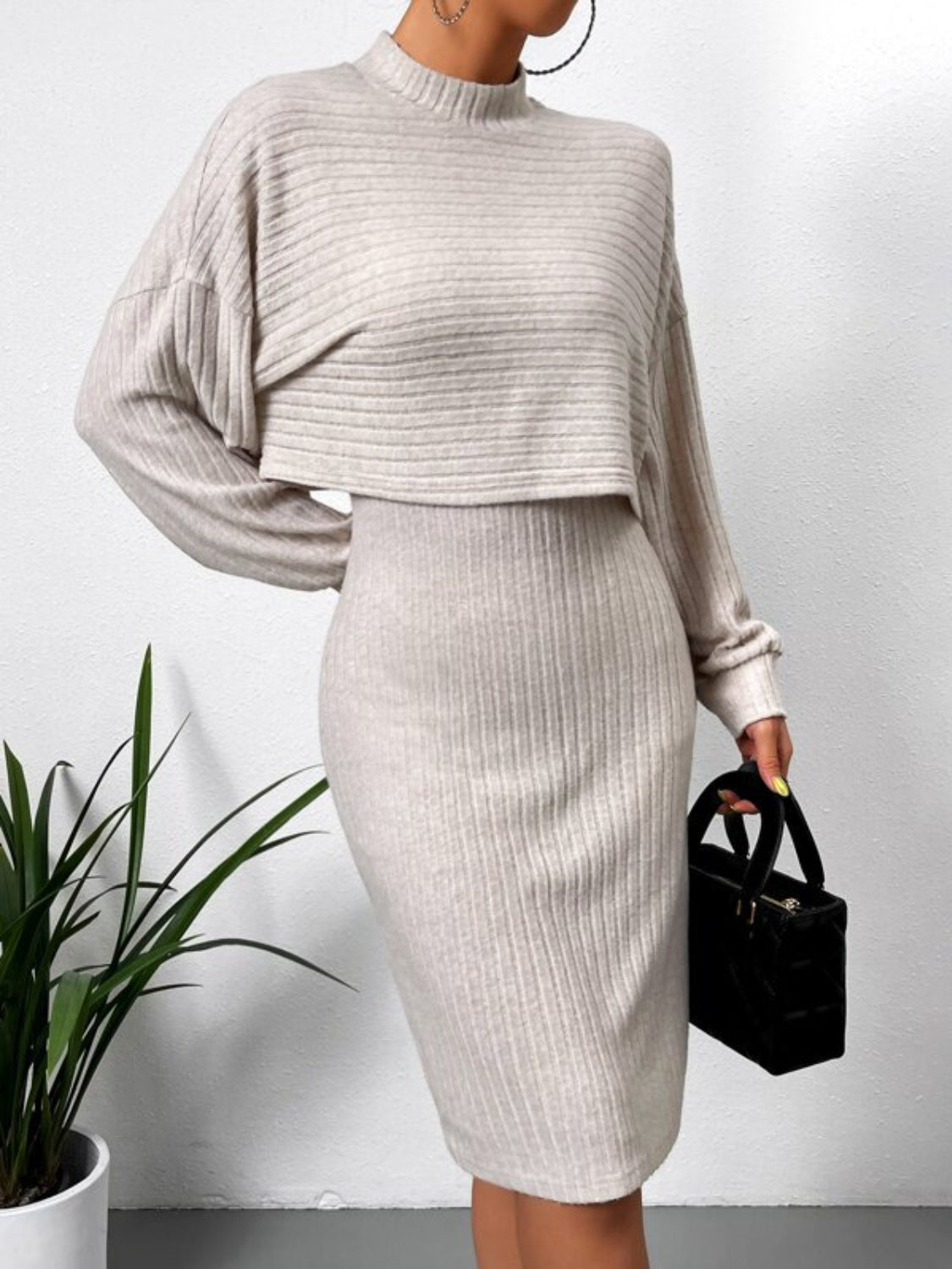 Mock Neck Long Sleeve and Wide Strap Dress Set
