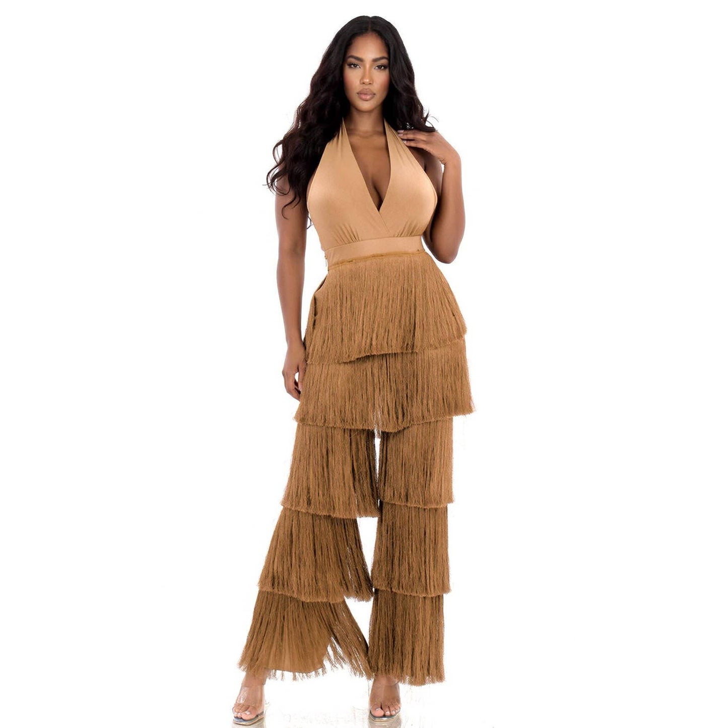 Open Back Halter Neck Fringe Jumpsuit