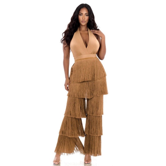 Open Back Halter Neck Fringe Jumpsuit