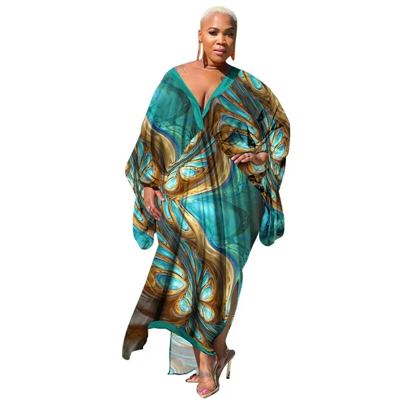 KEXU Plus Size Women Loose Casual Print Maxi Long Dresses 2024 Summer Batwing Long Sleeve V-neck Elegant Streetwear Dress