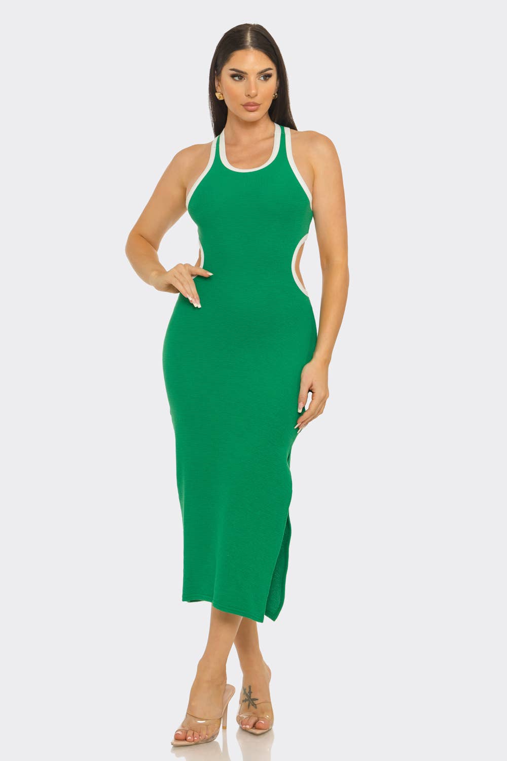 Round Neck Open Back Detail Side Slit Maxi Dress