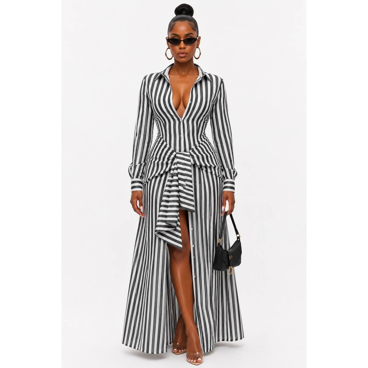 Pinstripe Woven Shirt Tie Waist Maxi Dress