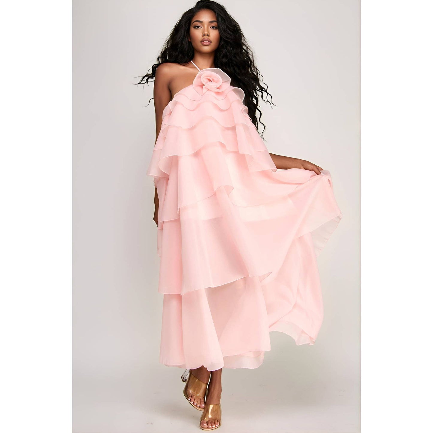 PETAL CASCADE HALTER DRESS
