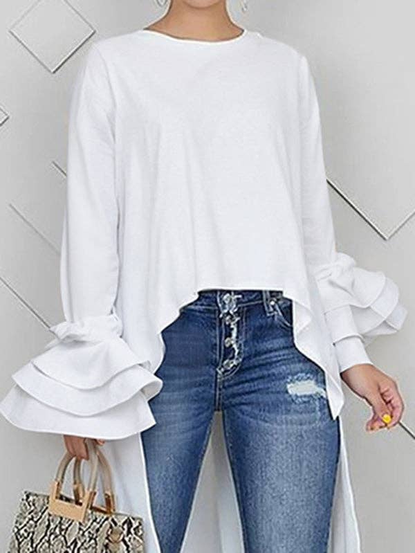 High-Low Loose Solid Color Split-Joint Tiered Round-Neck Blouses&Shirts Tops