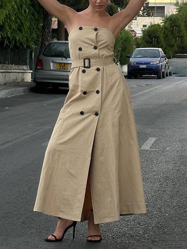 A-Line Loose Belted Buttoned Tube Maxi Dresses