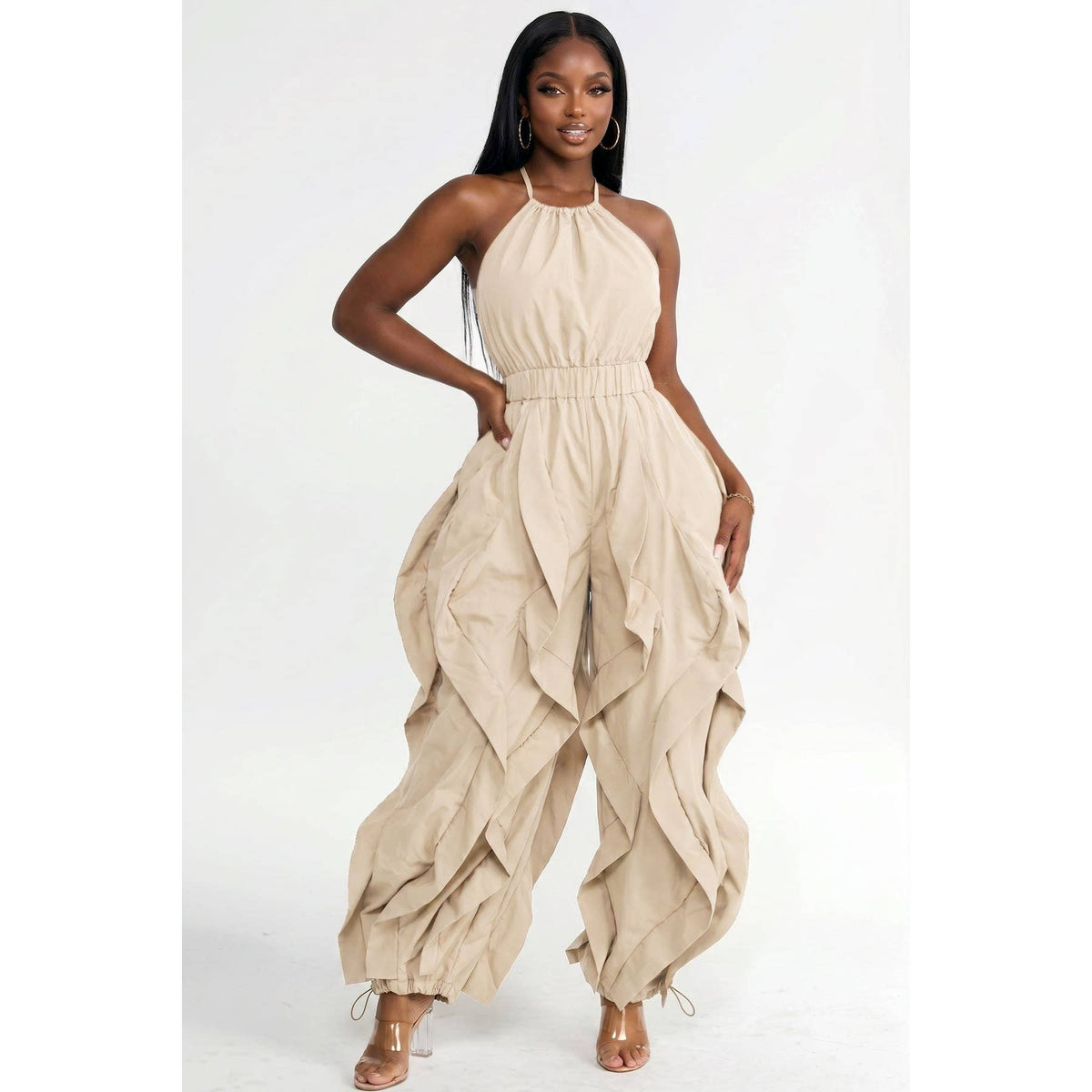 Halter Neck Wide Ruffle Leg Jogger Jumpsui