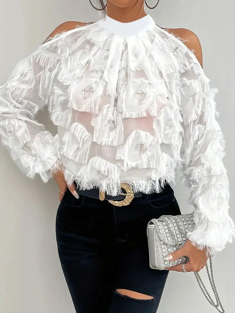 KEXU Women Tassel Sheer Raglan Sleeve Blouse and Shirt Tops 2025 Elegant Summer Streetwear Night Club Party Beach Tops