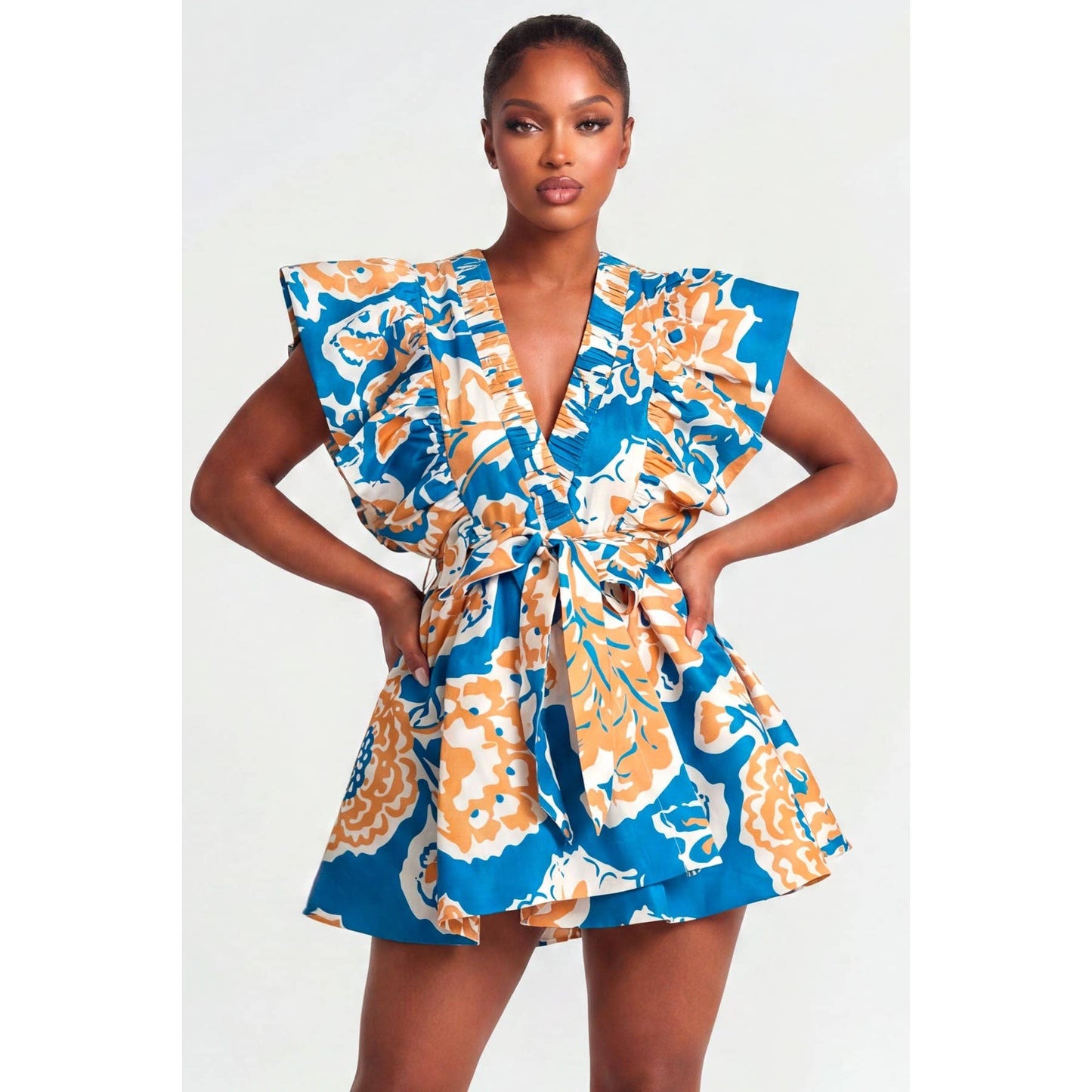 Deep V-Neck Ruffle Sleeve Waist Tie Wrap Mini Dress