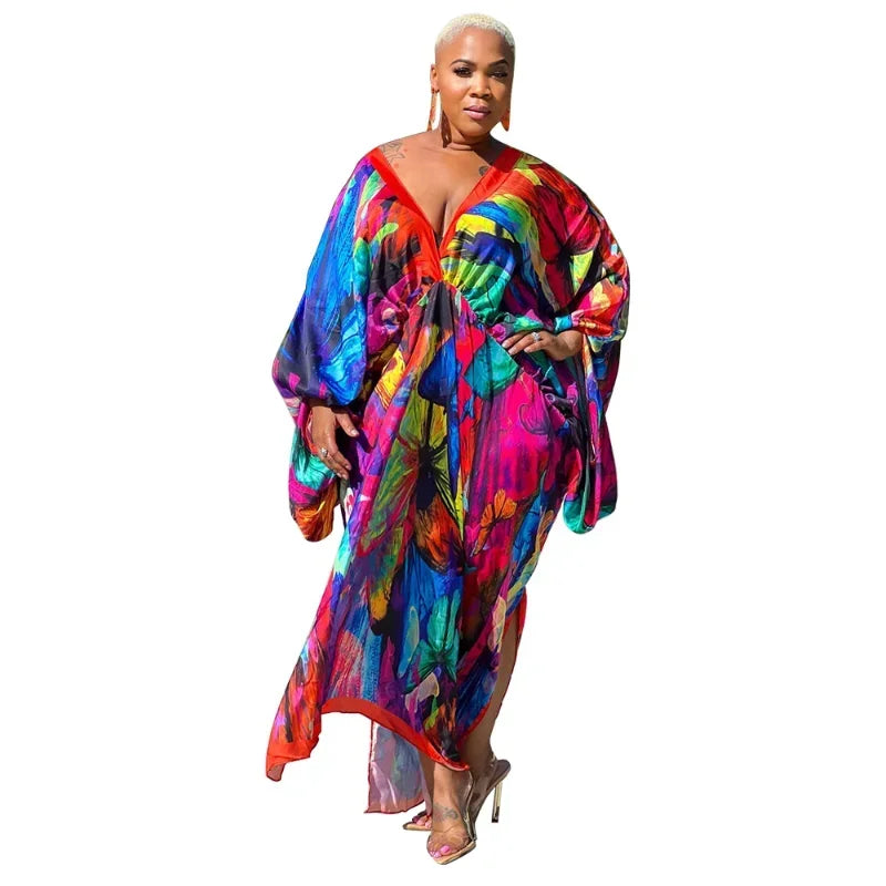 KEXU Plus Size Women Loose Casual Print Maxi Long Dresses 2024 Summer Batwing Long Sleeve V-neck Elegant Streetwear Dress