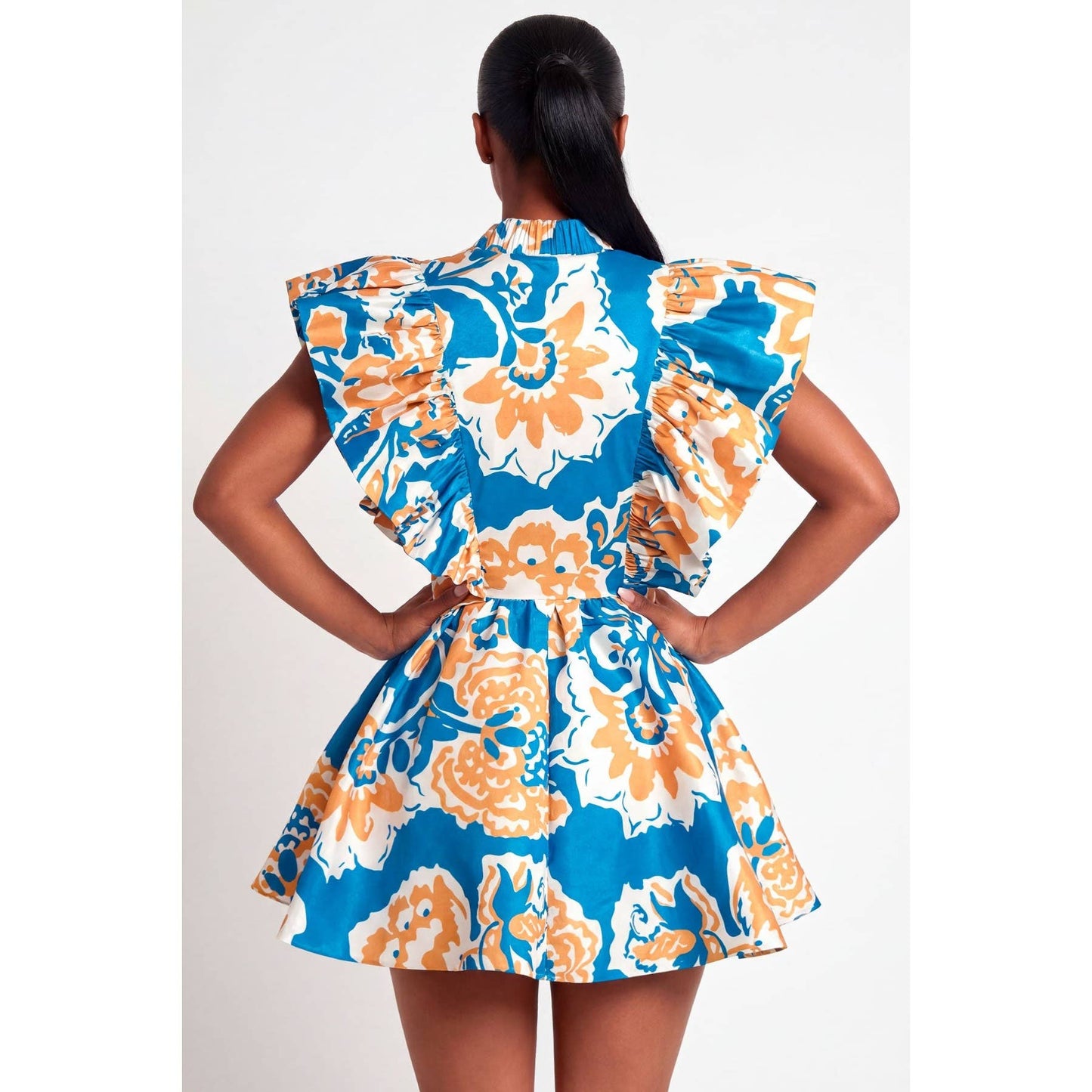 Deep V-Neck Ruffle Sleeve Waist Tie Wrap Mini Dress