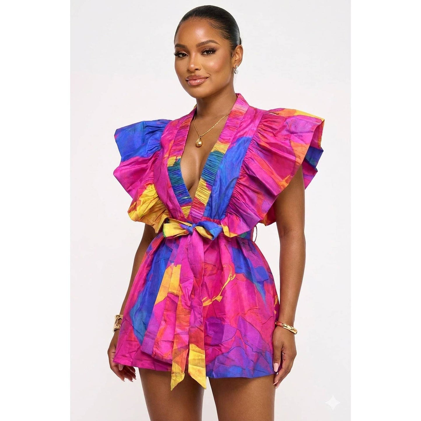 Deep V-Neck Ruffle Sleeve Waist Tie Wrap Mini Dress