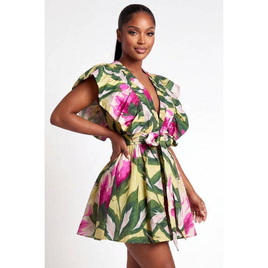Deep V-Neck Ruffle Sleeve Waist Tie Wrap Mini Dress
