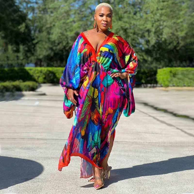 KEXU Plus Size Women Loose Casual Print Maxi Long Dresses 2024 Summer Batwing Long Sleeve V-neck Elegant Streetwear Dress