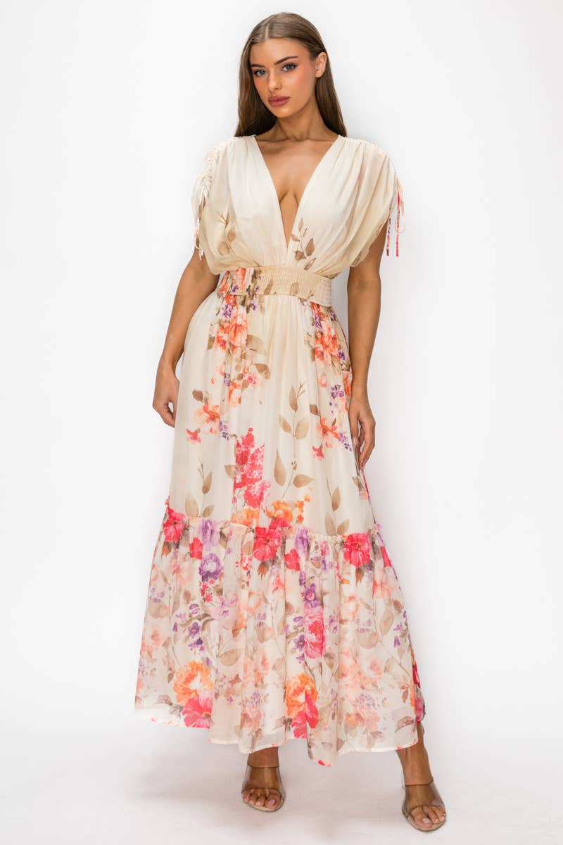 Floral Chiffon Surplice Maxi Dress with Smocked Waist