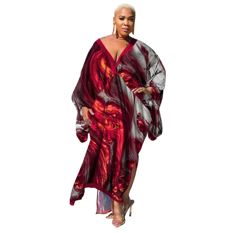 KEXU Plus Size Women Loose Casual Print Maxi Long Dresses 2024 Summer Batwing Long Sleeve V-neck Elegant Streetwear Dress