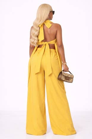 Sleeveless Draped Halter Top And Wide Leg Pants Set
