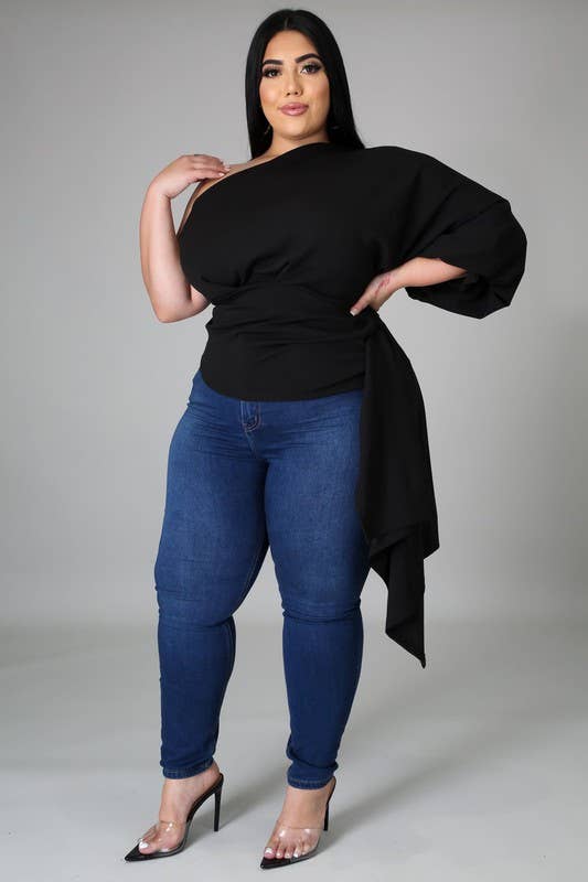 PLUS SIZE ONE SHOULDER WAIST STRAP TOP