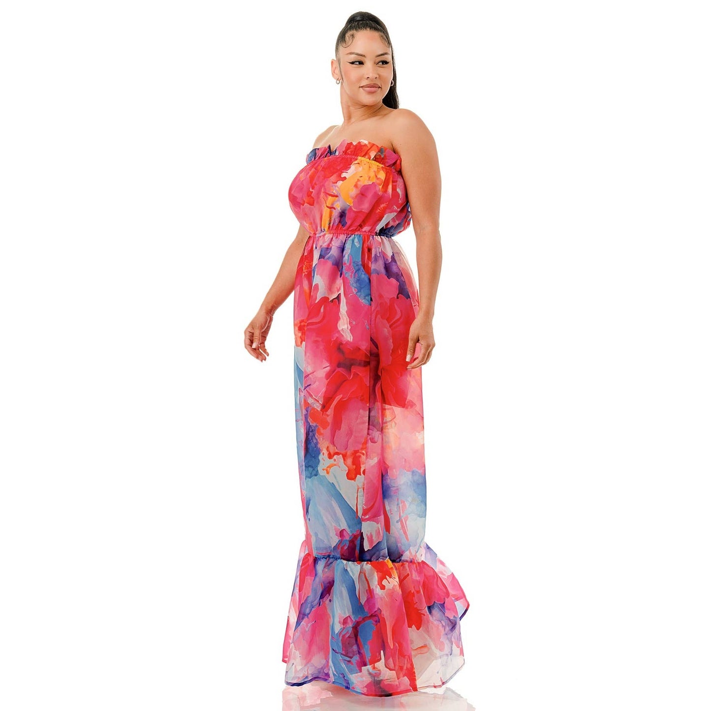 Plus Size Strapless Ruffle Hem Wide Leg Palazzo Jumpsuit
