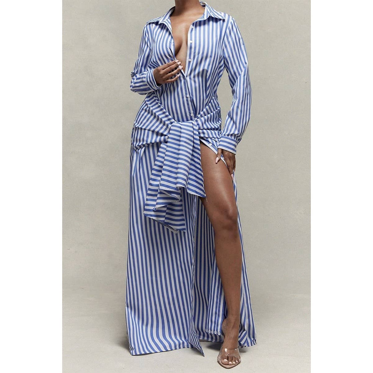 Pinstripe Woven Shirt Tie Waist Maxi Dress