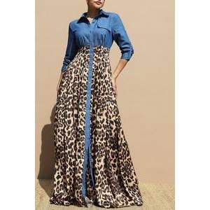 DENIM AND LEOPARD MAXI DRESS