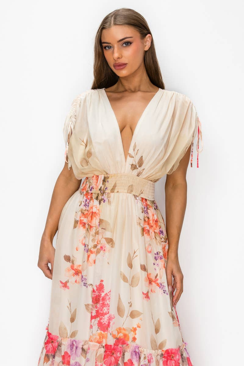Floral Chiffon Surplice Maxi Dress with Smocked Waist