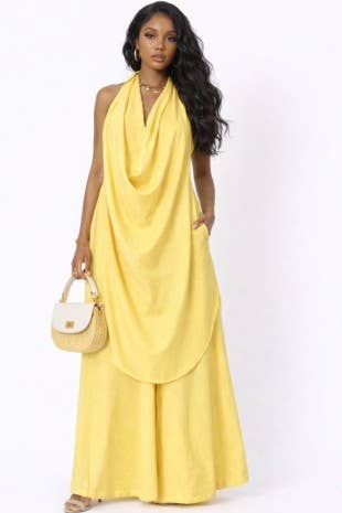 Sleeveless Draped Halter Top And Wide Leg Pants Set