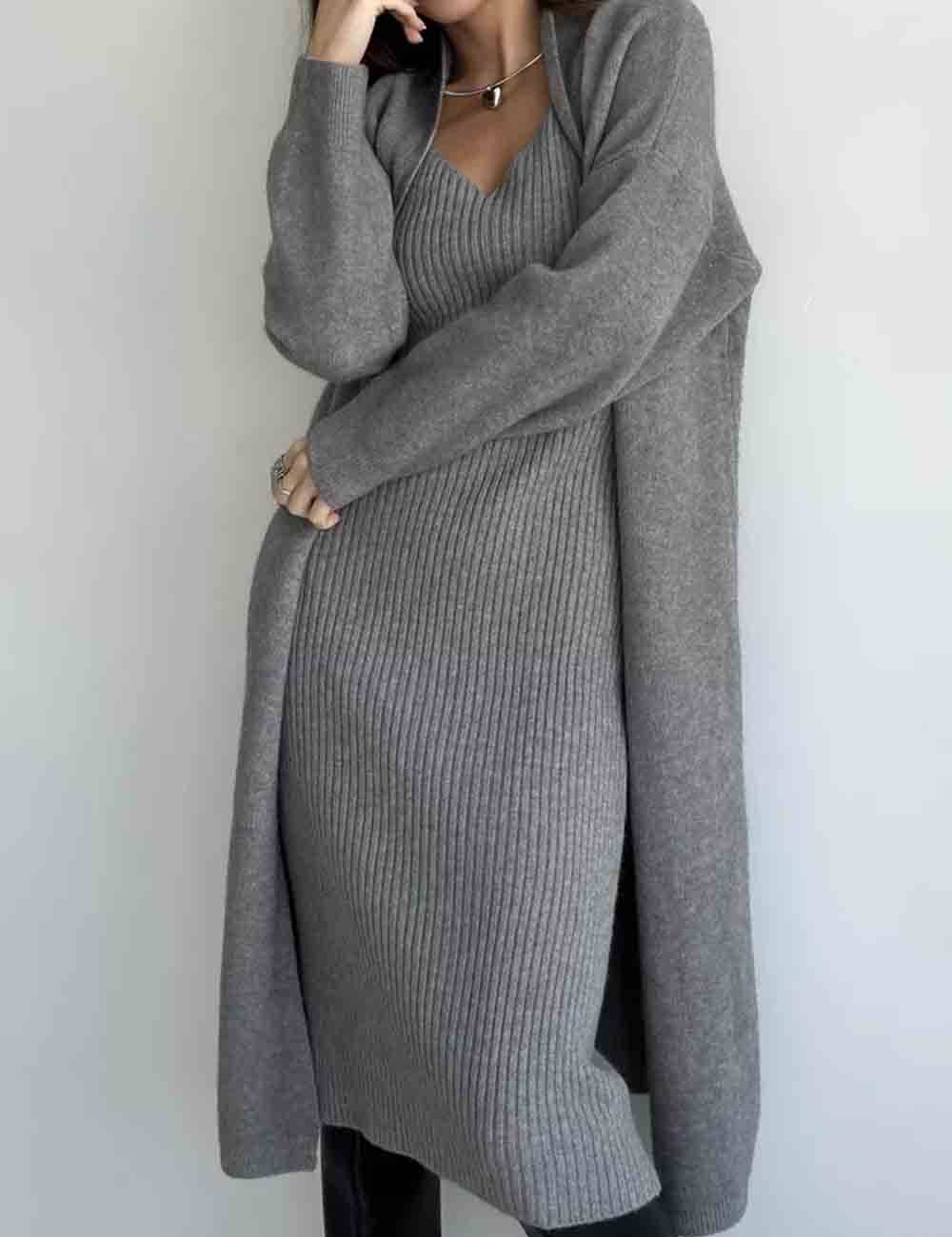 Ladies Solid Color Knit Midi Dress & Cardigan 2PCS Set