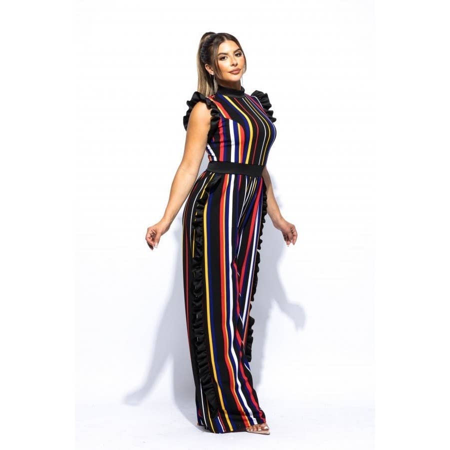Plus Color Striped Jumpsuit with ruffle