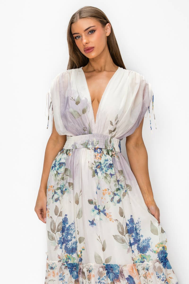 Floral Chiffon Surplice Maxi Dress with Smocked Waist