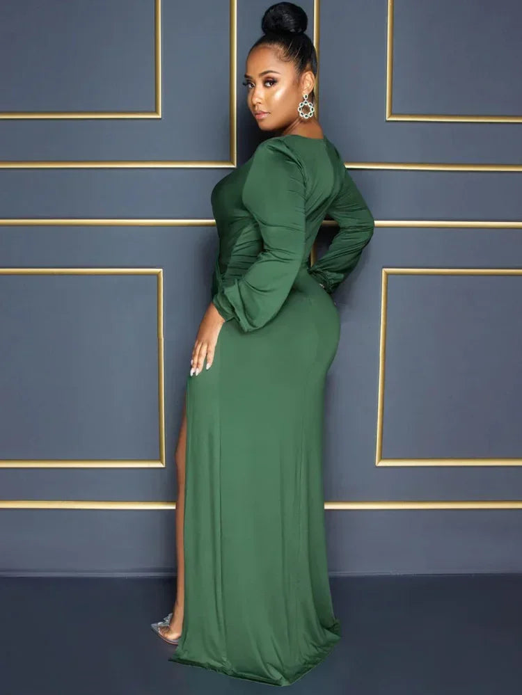 KEXU Long Sleeve High Side Slit Wrap V-neck Maxi Long Bodycon Midi Women Dress Fashion Vintage Chic Female Party Prom Dresses